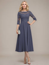 A-line Scoop Illusion Tea-Length Chiffon Lace Mother of the Bride Dress With Sequins Beading